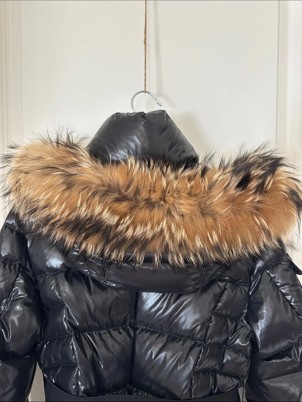 SAM New York Fox Fur-Trim Belted Down Puffer Jacket (Mid-length)